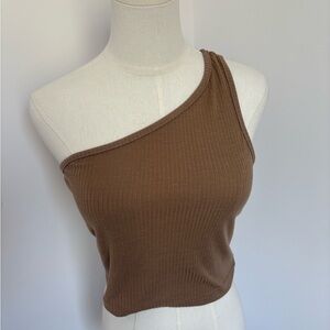 Brown One-Shoulder Ribbed Top